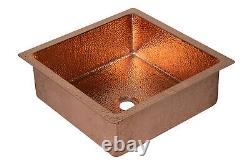 15x15 Square One Bowl Hammered Copper Bathroom Sink with Shiny Finish 18 Gauge