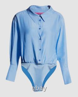 $308 Gauge 81 Women's Blue Silk Button Up Long Sleeve One-Piece Bodysuit Size M