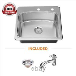 All One Drop Stainless Steel 25 In. 2 Hole Single Bowl Kitchen Sink Kit Faucet