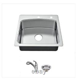 All in-One 25 in. Drop-in Single Bowl 20 Gauge Stainless Steel Kitchen Sink with
