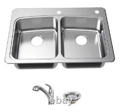 All in-One 33 in. Drop-in Double Bowl 20 Gauge Stainless Steel Kitchen Sink with