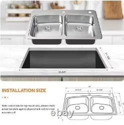 All in-One 33 in. Drop-in Double Bowl 20 Gauge Stainless Steel Kitchen Sink with