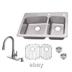 All-in-One 33 in Kitchen Sink Stainless Steel 2-Hole 60/40 Double Bowl w Faucet