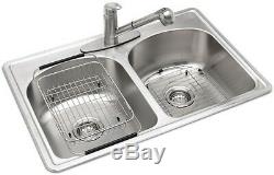 All-in-One Drop-In Stainless Steel 33in. 3-Hole Double Bowl Kitchen Sink 20 Gauge