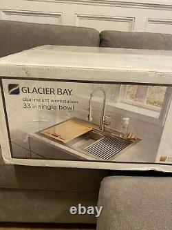 GLACIER BAY All-in-One 18 Gauge Stainless Steel 33 in. Double sink, faucet & Acc