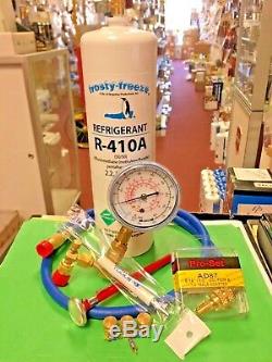 R410, Refrigerant Recharge Kit, One 28 oz, Gauge, Hose, Thermometer & MALCO Tool