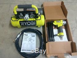 RYOBI 18V One+ Cordless 1 Gallon Air Compressor with 18 Gauge Brad Nailer & Hose
