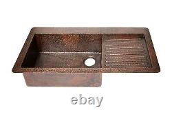 Évier de cuisine en cuivre martelé 40x22 à encastrer avec un bac et une essoreuse, calibre 16