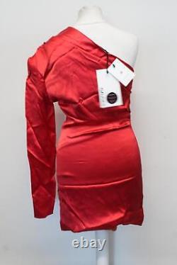 Gauge81 Mesdames Charras Mini-robe en satin rouge flamboyant à manches longues et une épaule S NEUVE